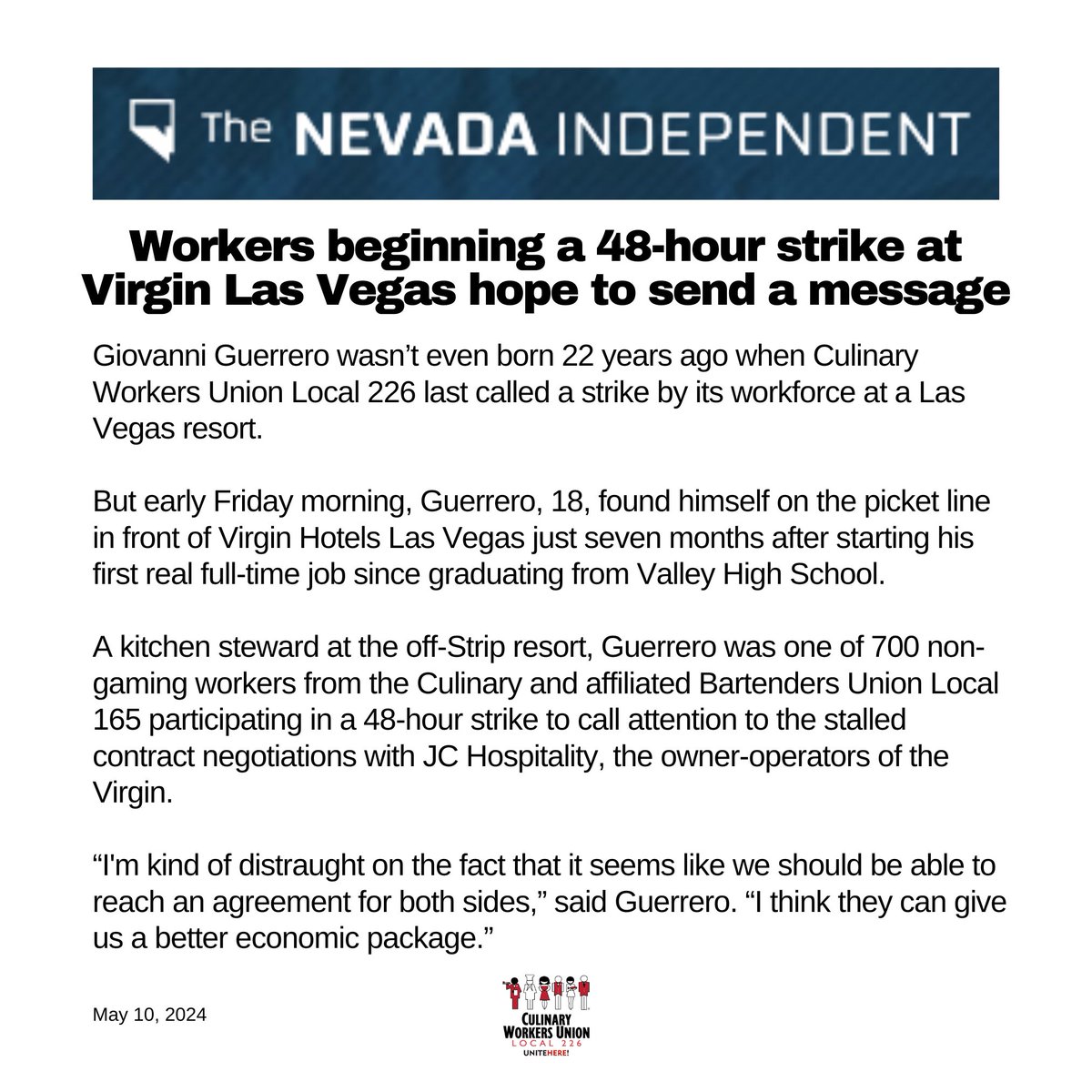 Guerrero was one of 700 non-gaming workers from the Culinary & Bartenders Union Local 165 participating in a 48-hour strike to call attention to the stalled contract negotiations w/JC Hospitality, owner-operators of @VirginHotelsLV. thenevadaindependent.com/article/worker… #OneJobShouldBeEnough