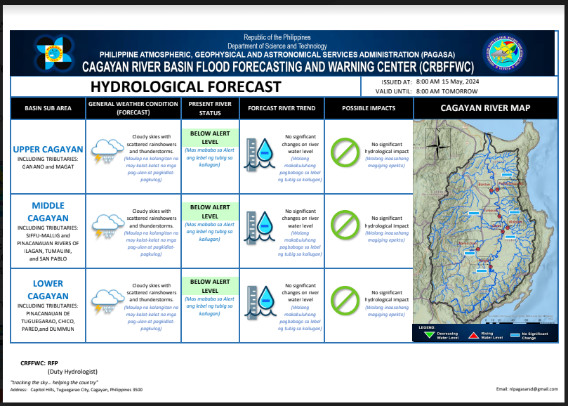Hydrological Forecast for Cagayan River Basin
Issued at 8:00 AM, 15 May 2024