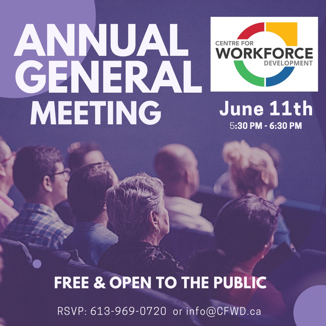 Centre for Workforce Development (@cfwd_workforce) on Twitter photo Mark your Calendar to attend CFWD's 2024 Annual General Meeting!
🗓️Date: Tuesday, June 11, 2024
📍 Location: 47 South Pinnacle Street, Belleville, ON
📩 RSVP by June 7, 2024
📞 Call: 613-969-0720
✉️ Email: info@CFWD.ca
Let's make this AGM a memorable one! 🎉 #CFWDAGM Mark your Calendar to attend CFWD's 2024 Annual General Meeting!
🗓️Date: Tuesday, June 11, 2024
📍 Location: 47 South Pinnacle Street, Belleville, ON
📩 RSVP by June 7, 2024
📞 Call: 613-969-0720
✉️ Email: info@CFWD.ca
Let's make this AGM a memorable one! 🎉 #CFWDAGM