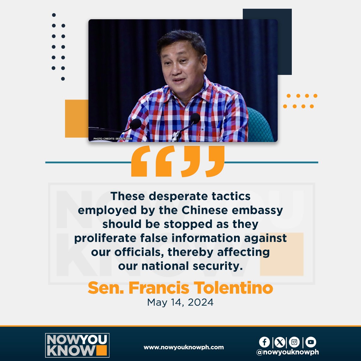 Senator Francis Tolentino wants a probe on the alleged wiretapping of the Chinese Embassy in Manila on an Armed Forces of the Philippines (AFP) Western Command official. READ: tinyurl.com/mrtdx3jn 📰 Inquirer.net