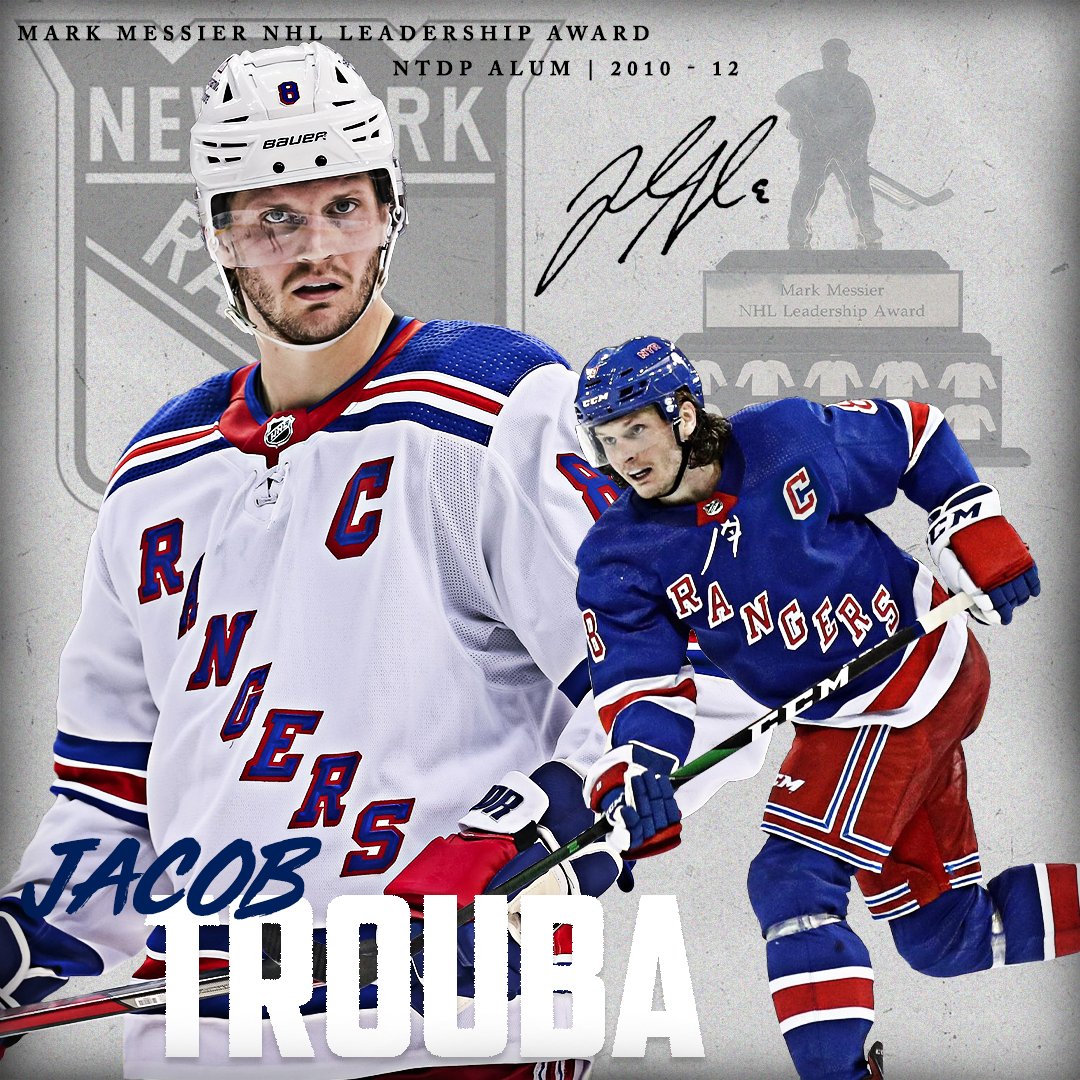 Congrats to NTDP alum + @NYRangers captain @JacobTrouba on taking home the 2024 Mark Messier @NHL Leadership Award! The award is presented annually to the player who exemplifies great leadership qualities to his team, on and off the ice, and who plays a leading role in his