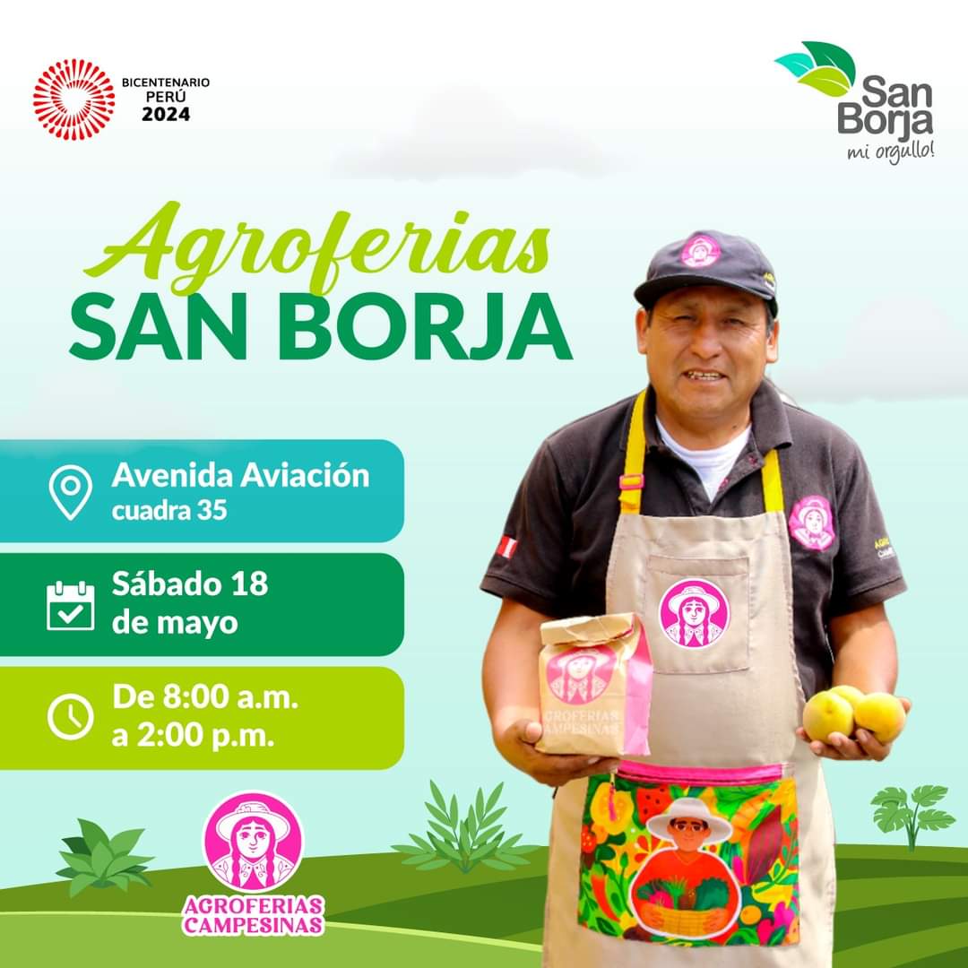 ¡Alimentos saludables de todo el Perú en San Borja! 🤩🥦🥔🙌

Adquiere los mejores productos ecológicos y saludables de pequeños productores de nuestro país en las Agroferias Campesinas.

¡Te esperamos este sábado de 8:00 a.m. a 2:00 p.m. en la 📍Avenida Aviación cuadra 35! 📣