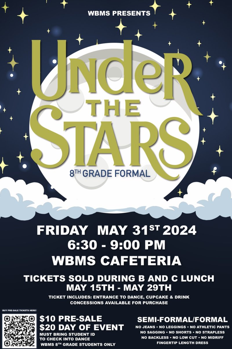 8th Grade Formal! Presale tickets can be purchased May 15th- 29th (B / C lunches) or online. Pre-sale tickets are $10. At the door tickets are $20. Parent volunteers, we need you! Please sign up here: signupgenius.com/go/60B044AA5A6… @westbriarms #8thgradeformal #letsgogrizzlies🐻