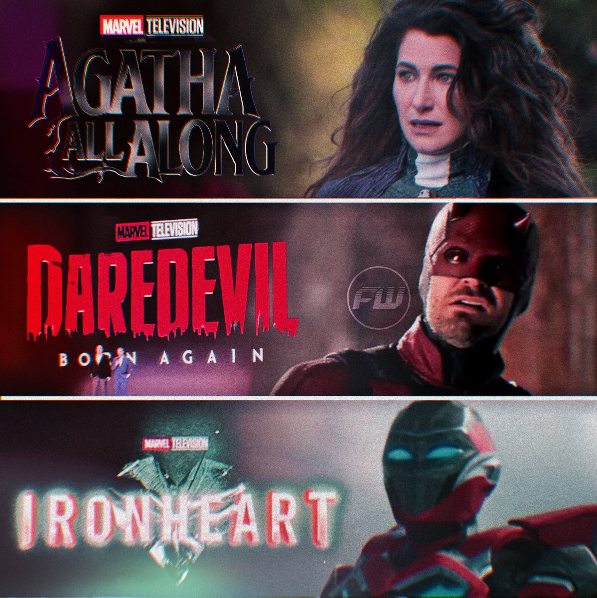 The next 3 Marvel Television projects releasing on Disney+: • Agatha All Along - September 18, 2024 • Daredevil: Born Again - March 2025 • Ironheart - 2025