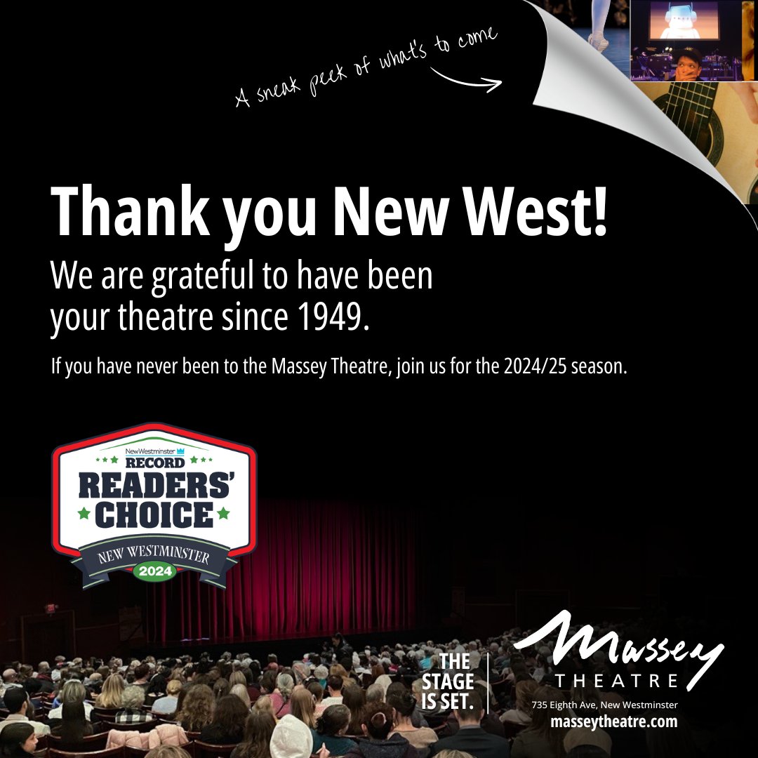 #ICYMI we were named the Best Performing Arts Centre 2024 by @TheRecord readers. Thank you for your support!🙏 If you haven't been to our theatre before, make 2024/25 the season where you will pay us a visit. Stay tuned for our new season announcement!😉 #newwest #yvrtheatre