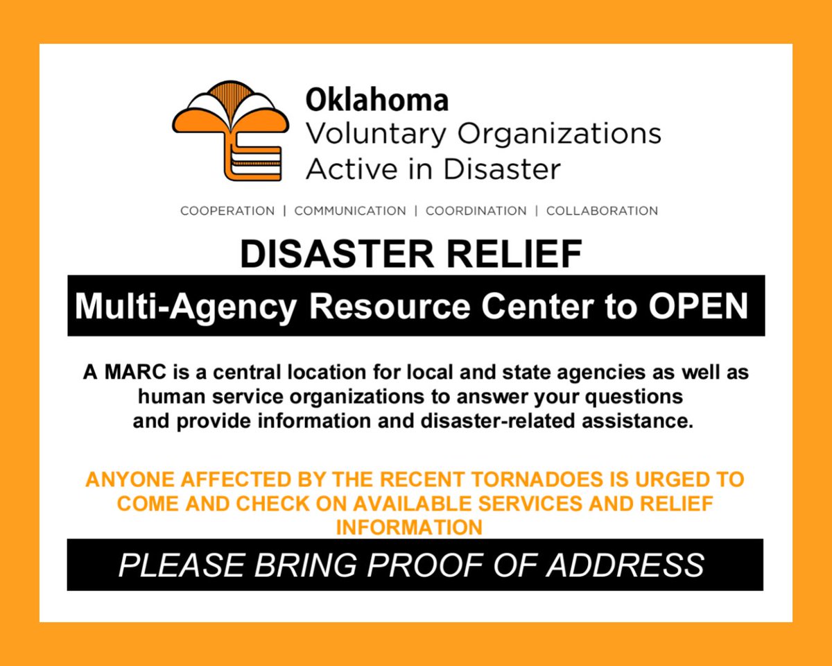 Reminder ! @OklahomaVOAD Multi-Agency Resource Centers will be open in #SoutheastOklahoma tomorrow and Thursday. ARDMORE: Ardmore Heritage Hall, 220 W. Broadway St. -1-7 p.m. Wednesday, May 15 MARIETTA: Love County Fairgrounds, 500 N 2nd St. -1-7 p.m. on Thursday, May 16