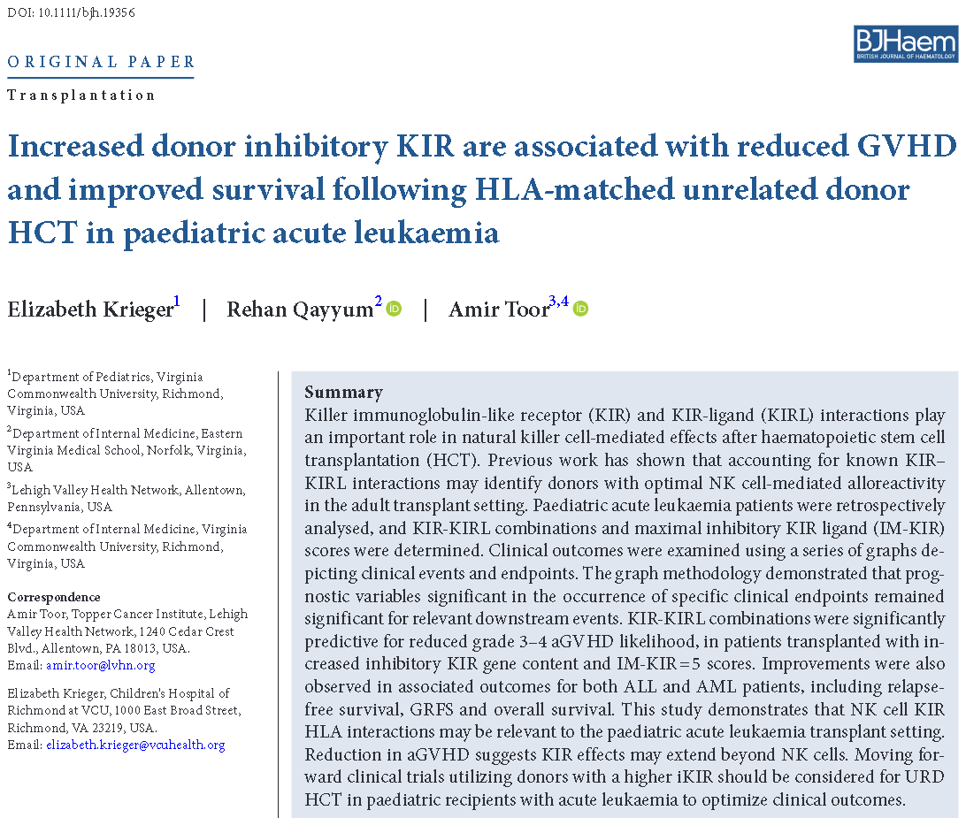 Just published - important insights into the Natural Killer (NK) cell receptor interactions in bone marrow transplant patients. Fabulous collaborators Drs. Amir Toor and Elizabeth Krieger (@BethKrieger7) @EVMSMedicine @EVMSedu