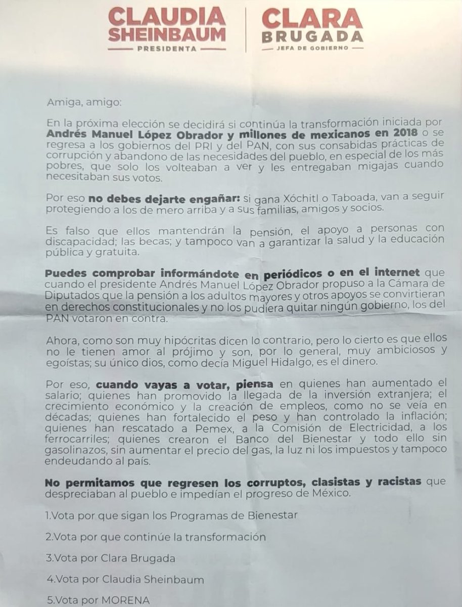 @Claudiashein y @ClaraBrugadaM no paran de mentir y sus esbirros reparten estos panfletos para asustar a los ciudadanos y forzarlos a votar por ellas. Son una porquería, no les creas nada y vota por @XochitlGalvez este 2 de junio.
#LosXingonesVotamosPorXóchitl 
#XochitlPresidenta