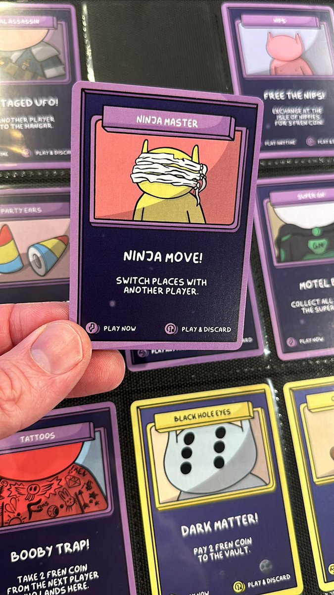 Gm in the PM from Ninja Master!

This card lets you switch spaces in the game with another player. 

Isn’t Ninja Master such a cool trait?? Comes in light and dark versions in the OG alien frens collection. 

#AFrenADay <a href="/alienfrens/">alien frens</a>