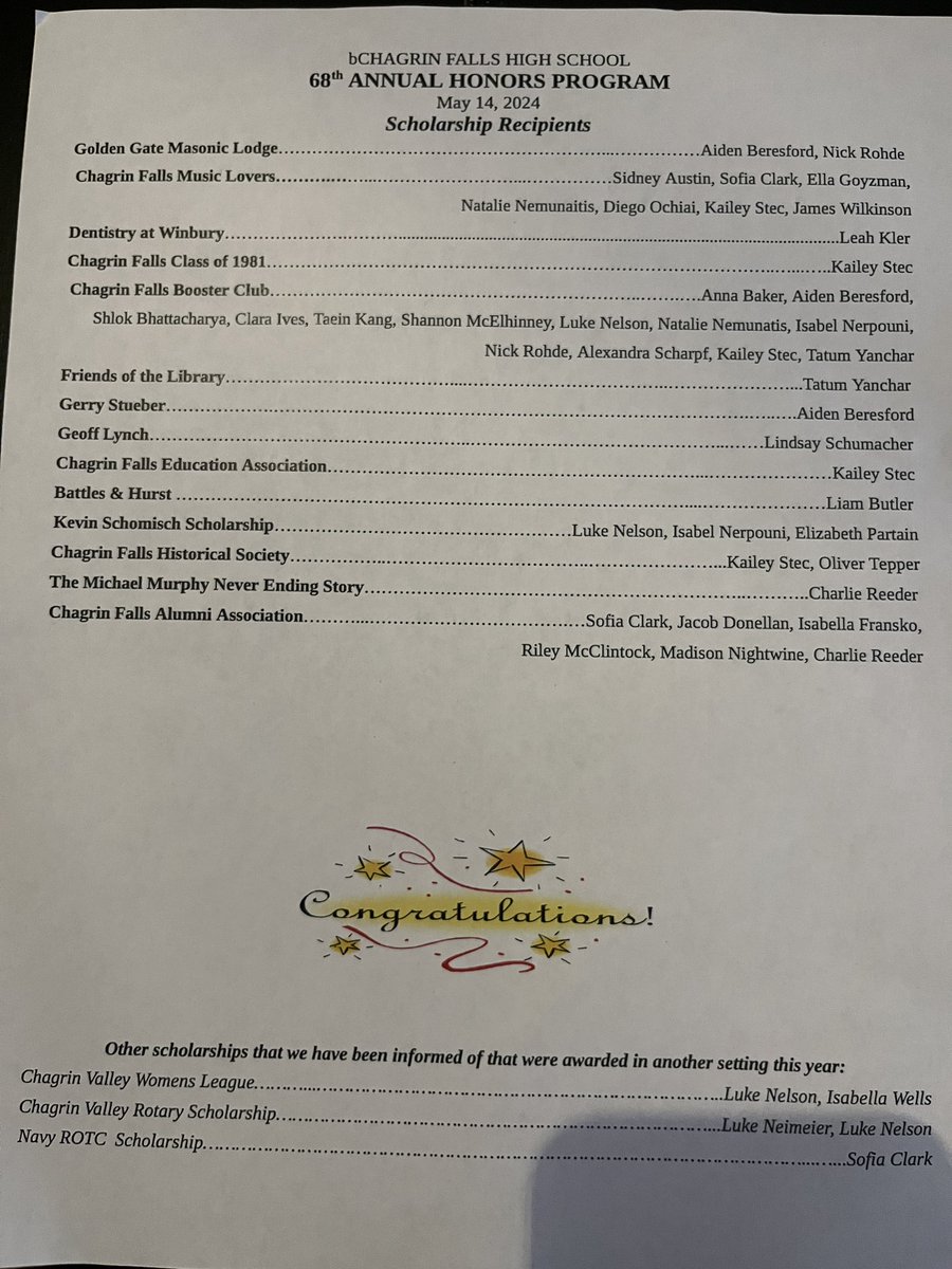 Thank you to all the local organizations that gave our students scholarships!@falls_club @ChagrinFallsAlu @CFMusicLovers @ChagrinHistory @JoanieWalker47 @ChagrinFallsEA @kelly_hallezoe Congrats to all 🧡🖤🐯