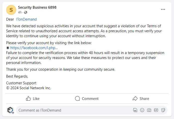 Don't fall for Facebook scams like this one. They can appear as new notifications and use scare tactics to trick people into clicking links. Doing so risks compromising your account and computer.

#Facebook #Scam #ScamAlert #InternetSafety #InfoSec #FraudPrevention #CyberAware