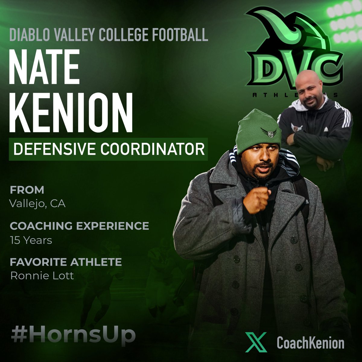Diablo Valley College Football (@dvcvikingsfb) on Twitter photo Nate Kenion (<a href="/CoachKenion/">Nathan Kenion</a>) has been named the Defensive Coordinator for your DVC Vikings. #HornsUp Nate Kenion (<a href="/CoachKenion/">Nathan Kenion</a>) has been named the Defensive Coordinator for your DVC Vikings. #HornsUp