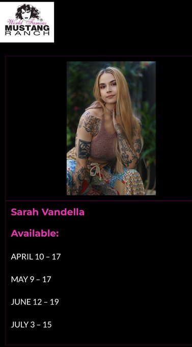 Book with me this summer 😍😍😍 Sarahvandella@mustangranch.com https://t.co/GbB5IPiPLj<a class="tags" target="_blank" title="On Twitter" href="/?out=eyJ0eXAiOiJKV1QiLCJhbGciOiJIUzUxMiJ9.eyJpYXQiOjE3MjEyMDc5MTMsImlzcyI6InR3cG9ybnN0YXJzLmNvbSIsIm5iZiI6MTcyMTIwNzkxMywiZXhwIjoxNzUyNzQzOTEzLCJyZWRpcmVjdF91cmwiOiJodHRwczovL3R3aXR0ZXIuY29tL211c3RhbmdyYW5jaCJ9.3zhack7T8SJktbTQ-NHBo1ymmnY7F5ea9D4F0G2CFsgcErIJbXLOqfcDrPHGyP-zcMxl1uUi3sa6ktTrWWfZLg">@mustangranch</a>