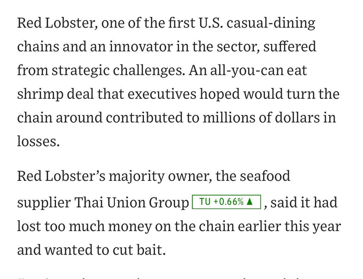 BREAKING: Red Lobster filing for bankruptcy as early as next week, per WSJ. This is in part, per WSJ, because 'an all you-can-eat shrimp deal that executives hoped would turn the chain around contributed to millions of dollars in losses.'