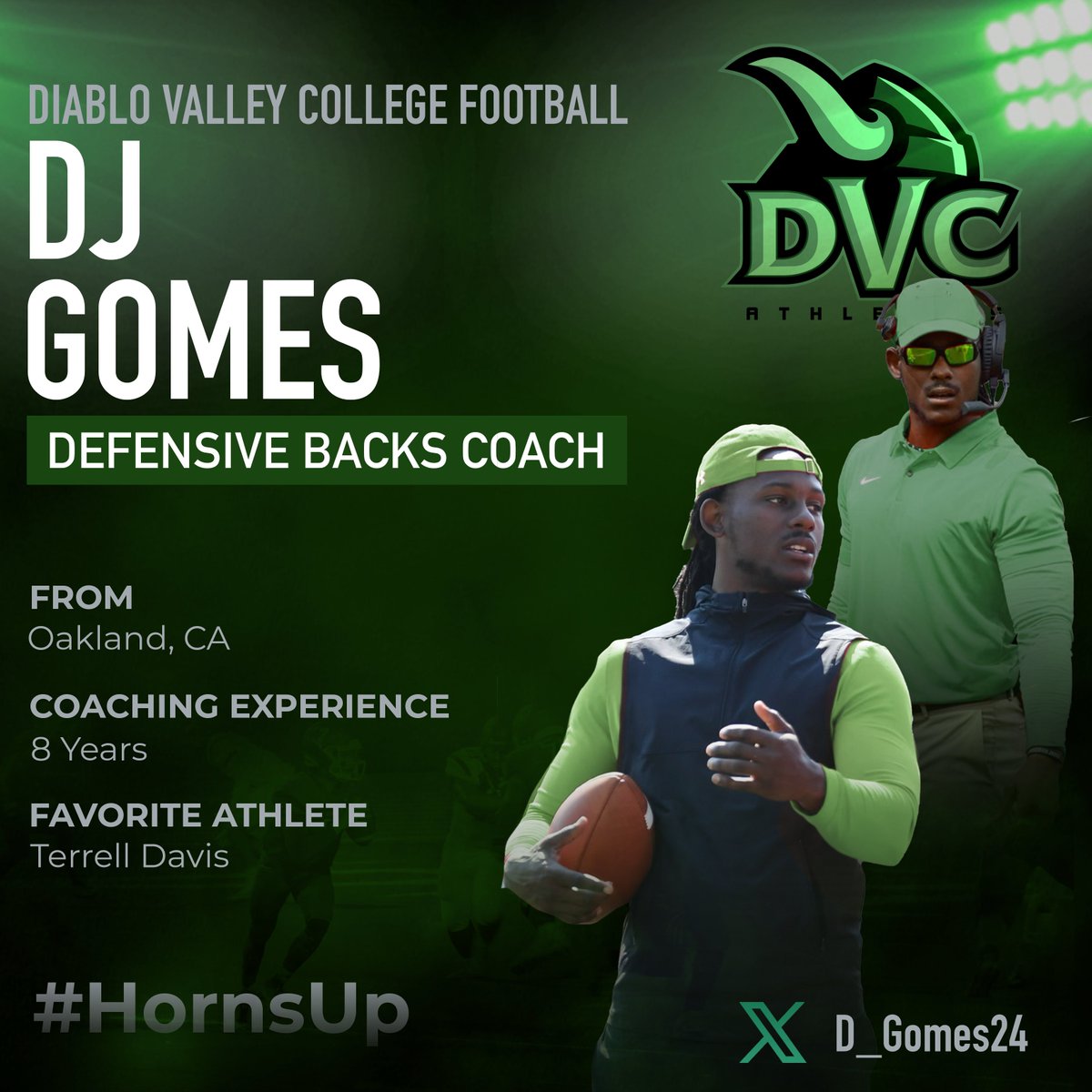 DJ Gomes (@D_Gomes24) has been named Defensive Backs Coach for your DVC Vikings! #HornsUp