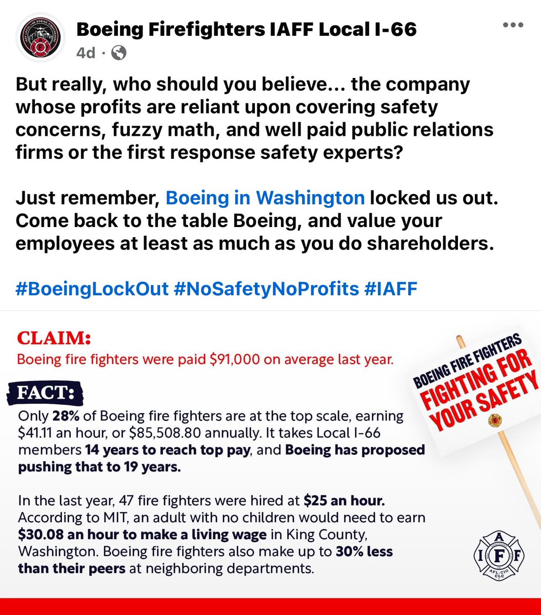 Did you know Boeing locked the doors on Washington firefighters when they refused to accept unfair and unsafe contract terms?

Let’s show these first responders just how much support they have from their neighbors to the east!

#BoeingLockOut #Boeing #IAFF #nosafetynoprofits