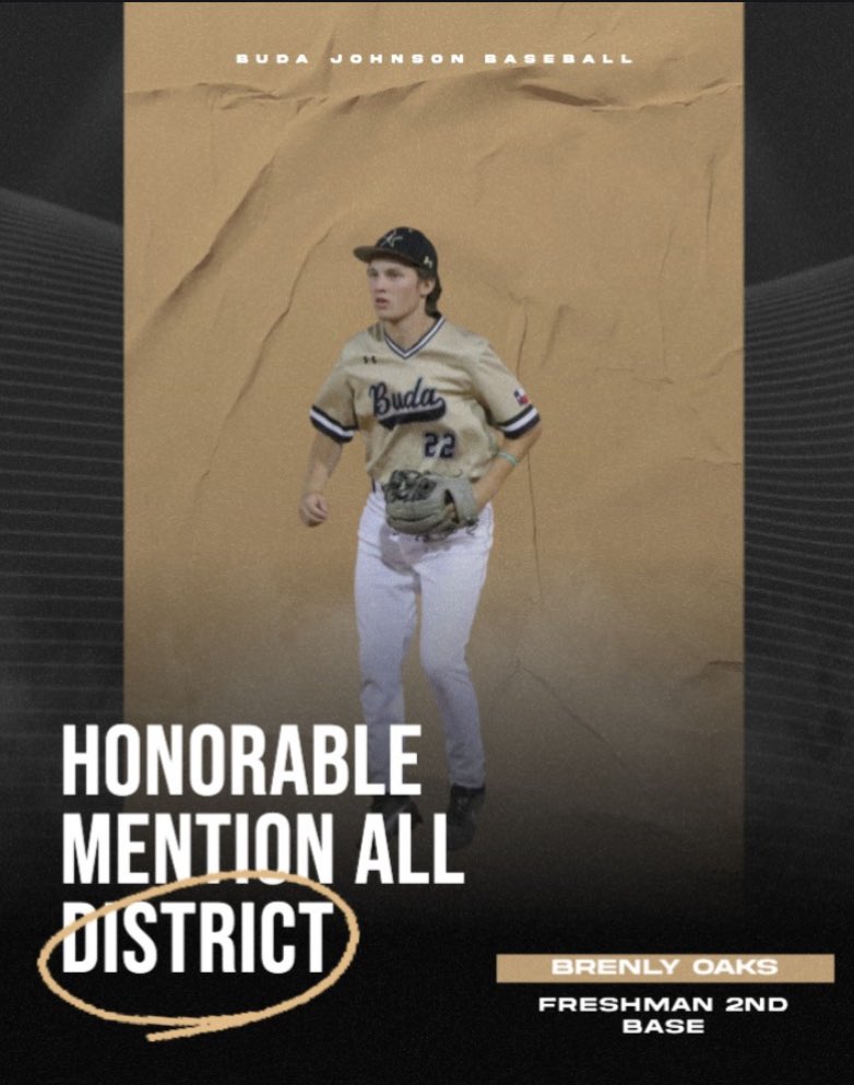 Congratulations to Freshman Brenly Oaks on being voted 2nd Base Honorable Mention All District! Thank you for all your dedication this season! ⚾️🐆 #GoJags #BudaBoys