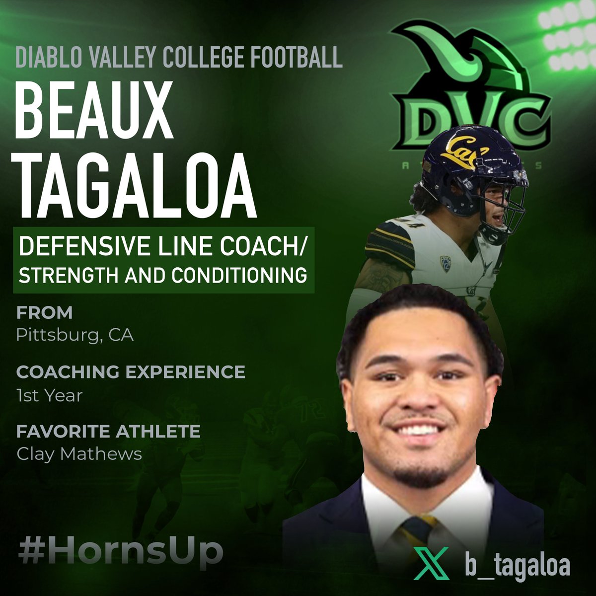 Beaux Tagaloa (@b_tagaloa) has been named Defensive Line Coach / Strength and Conditioning Coach for your DVC Vikings! #HornsUp