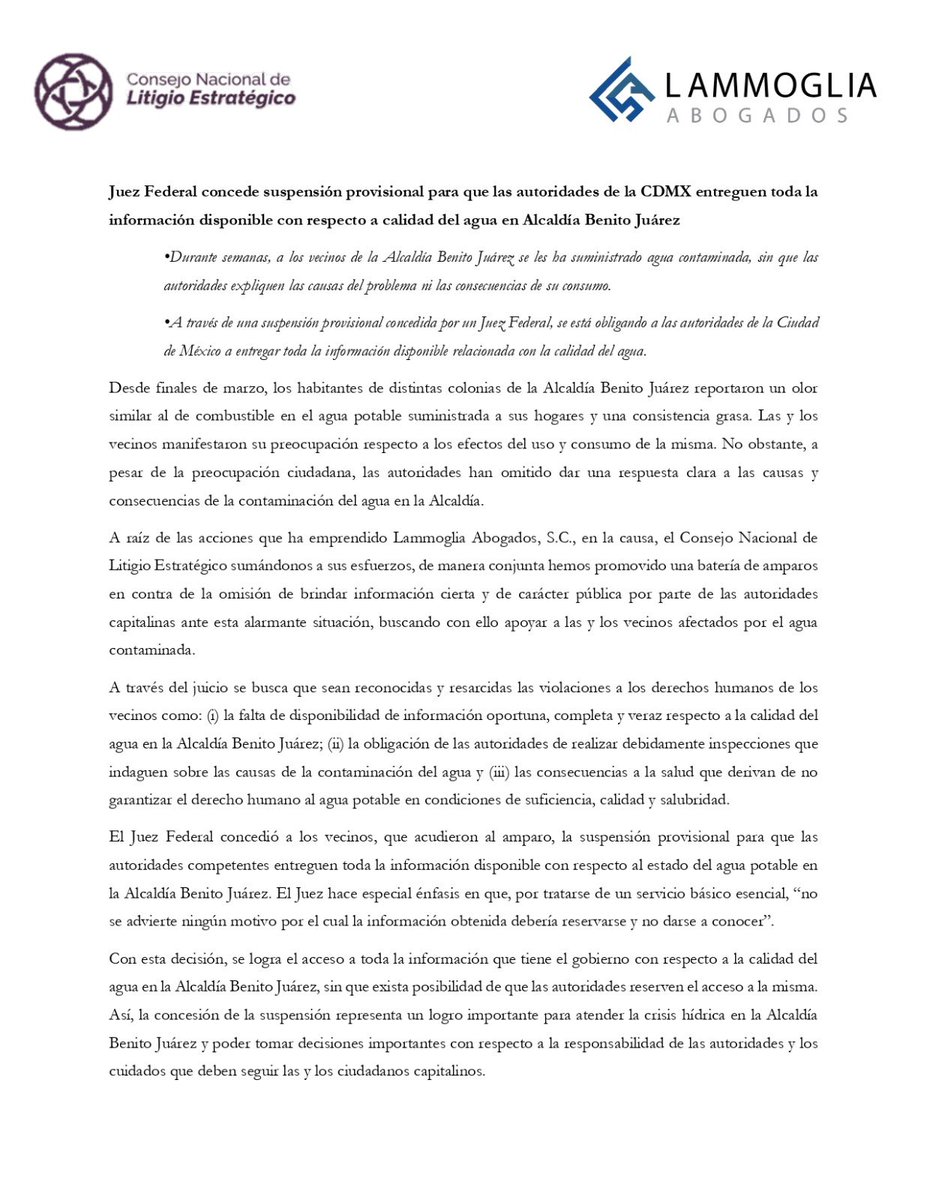 Un juez federal concede suspensión provisional para que las autoridades de la #CDMX entreguen toda la información disponible con respecto a la calidad de agua en la alcaldía Benito Juárez.