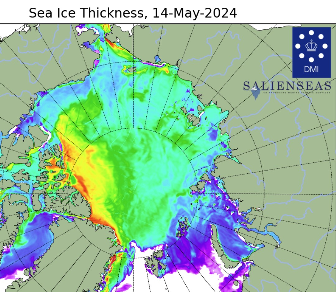Such cold temperatures in Russia might explain the 3-5 m thick sea ice off Siberia by 14 May [green-yellow-red]