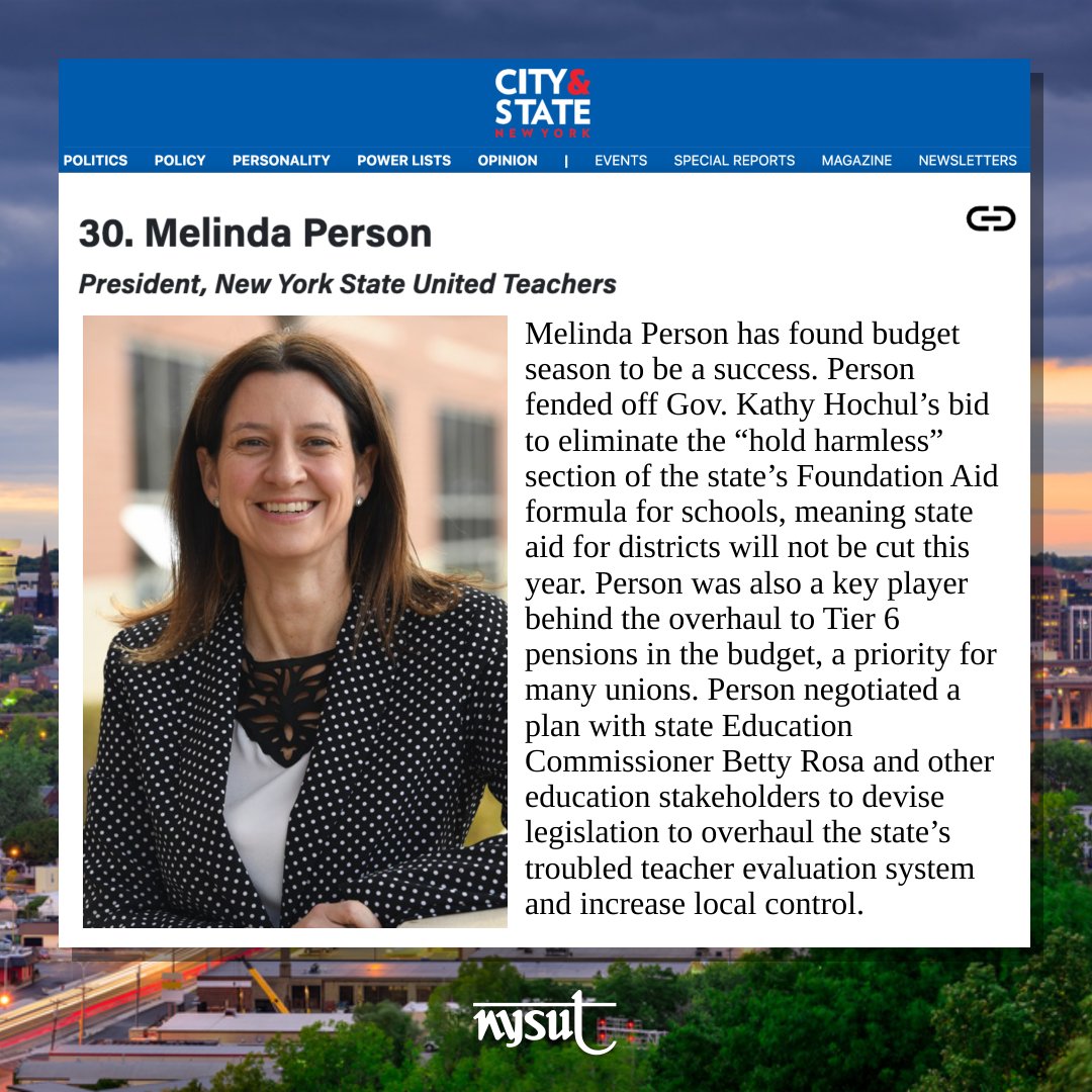 Congratulations to NYSUT President Melinda Person for being named to the City and State NY Albany Power 100. Our advocacy and successes don’t happen without the tireless dedication of our educators and member-activists. Learn more: nysut.cc/cspower1002024