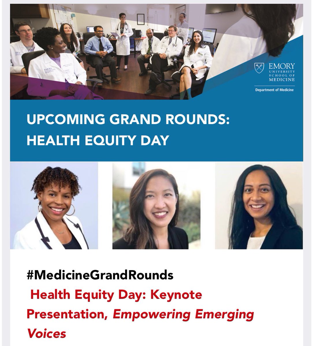 This is about to be SO DOPE. Proud that our @EmoryDOMRyse Health Equity Day Keynote #MedicineGrandRounds will center on emerging voices. The lineup: @LashNolen @tsaiduck77 @DarshaliVyas Can’t wait to hear their insights and wisdom! #healthequity #EmoryHED24