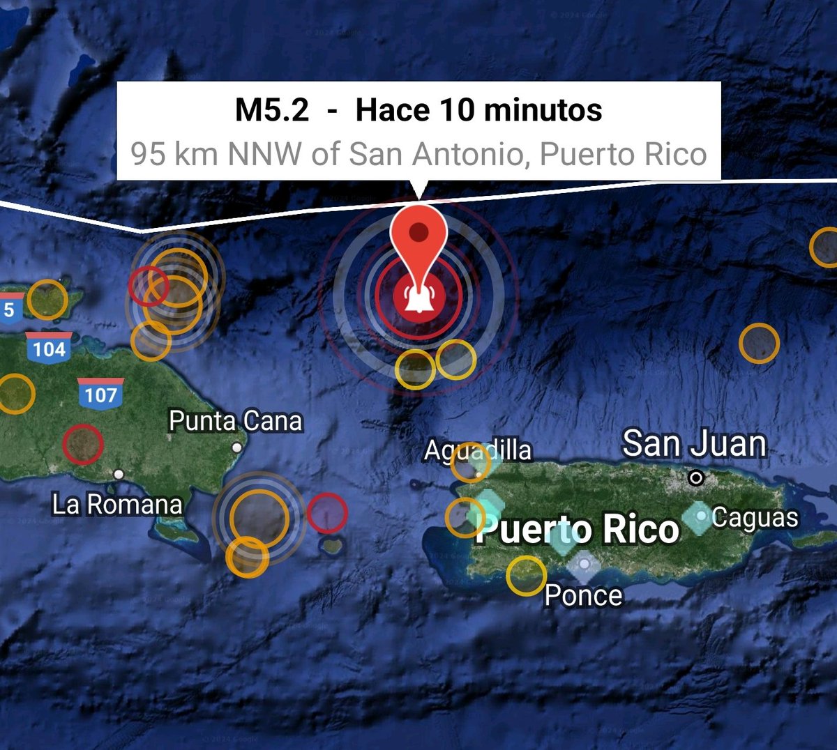 Temblor de tierra de magnitud 5.2, con epicentro en la fosa de Milwaukee, al noreste de Punta Cana y al noroeste de Aguadilla, Puerto Rico.