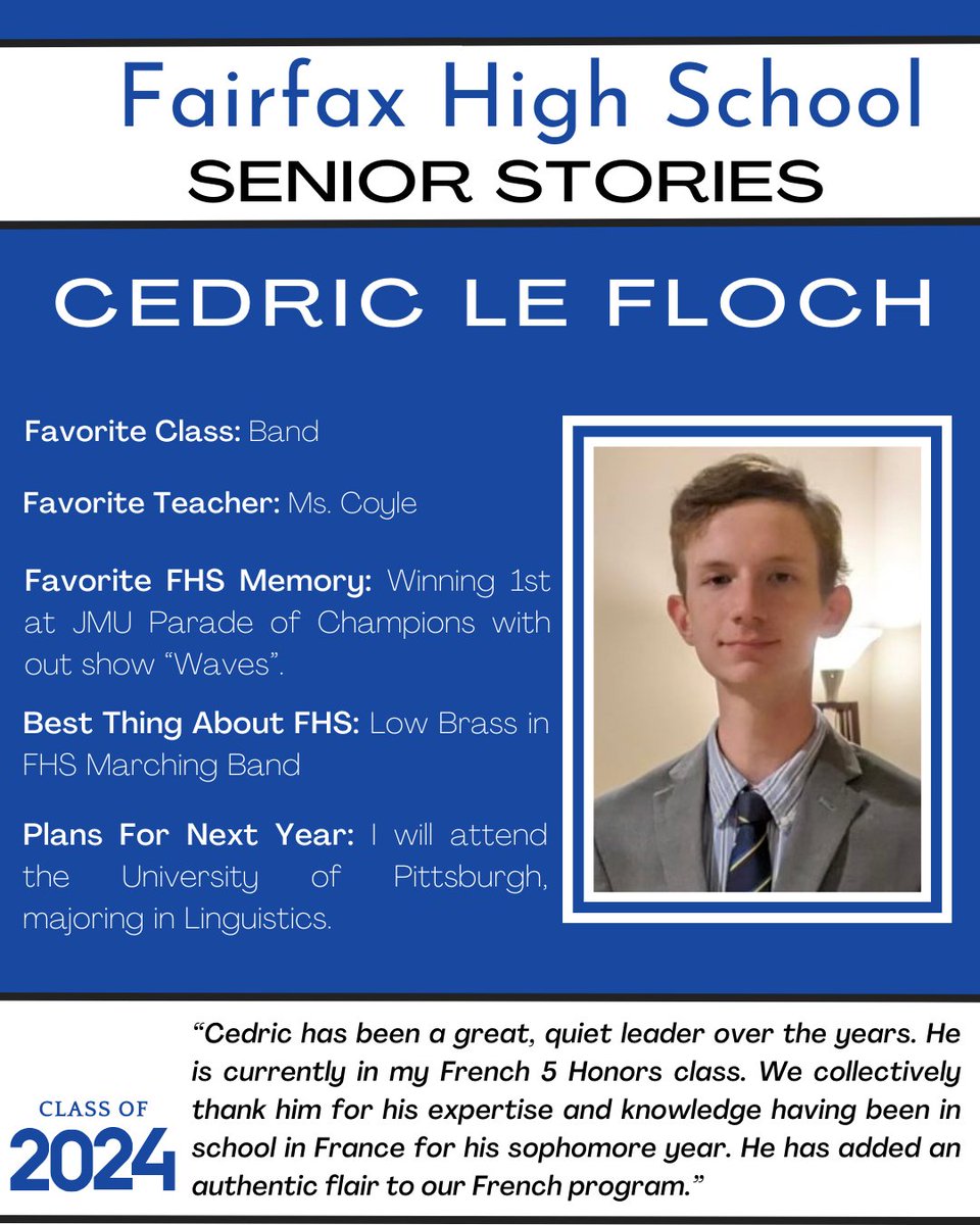Today’s senior is Cedric Le Floch! Cedric is part of the award winning FHS Band. Next year he will attend the University of Pittsburgh <a href="/PittTweet/">University of Pittsburgh</a> to study Linguistics. Congratulations and good luck Cedric! To see all our seniors, check out our website bit.ly/fairfaxseniors