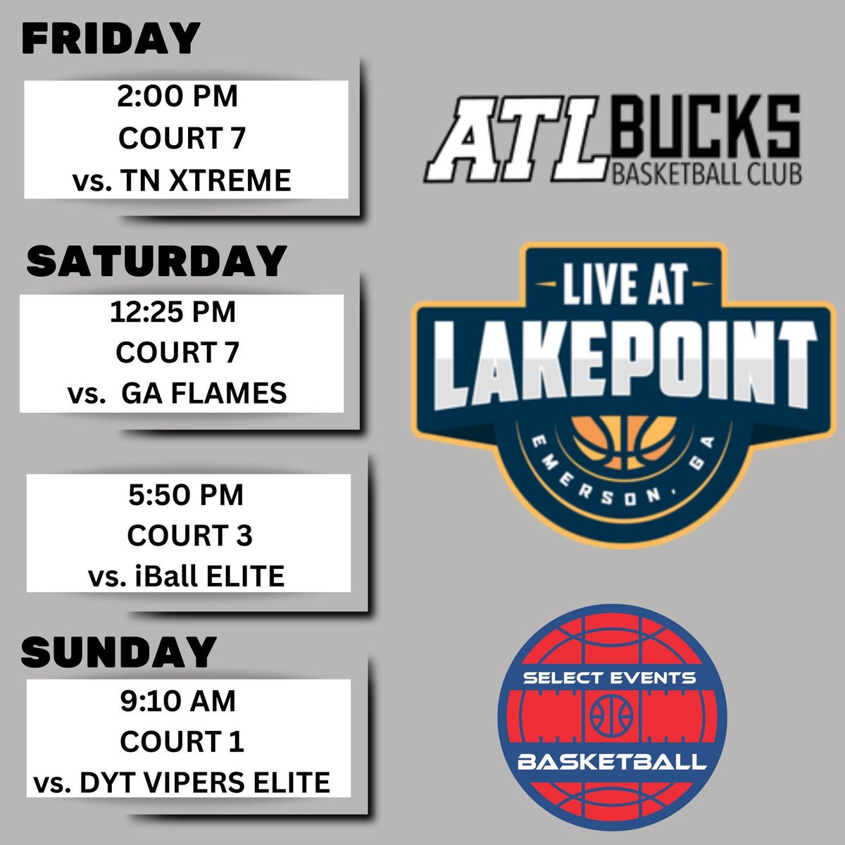 Schedule for this weekend! Let’s work at Lakepoint !! 
@AtlBucks @paulbel72581242 @calhounladyjax @Shorter_WBB @GoMocsWBK @CoachCrosby3 @CamdenRutgersWB @SelectEventsBB @HawaiiWBB @YHC_Wbb @KSUOwlsWBB