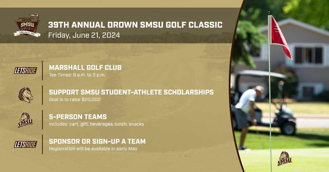 Registration open for 39th annual Drown SMSU Golf Classic on Friday, June 21. A great day to support SMSU student-athletes. Golf, prizes, gifts, beverages, food, what more could you ask for! #LetsRide Info: bit.ly/4bBCmSQ Sign-up: bit.ly/4dC7CCU