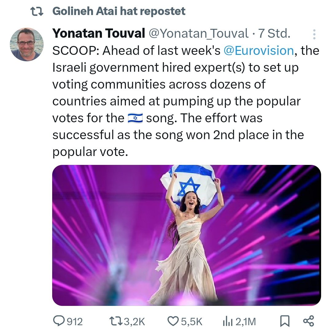 Golineh Atai (Leiterin des ZDF Studios in Kairo) verbreitet Fake News. Sie teilt einen Tweet, laut der die israelische Regierung Experten engagiert hätte, die 'Voting Communities' in dutzenden Ländern gegründet hätten, um die Zuschauerstimmen für Israel beim ESC künstlich zu…