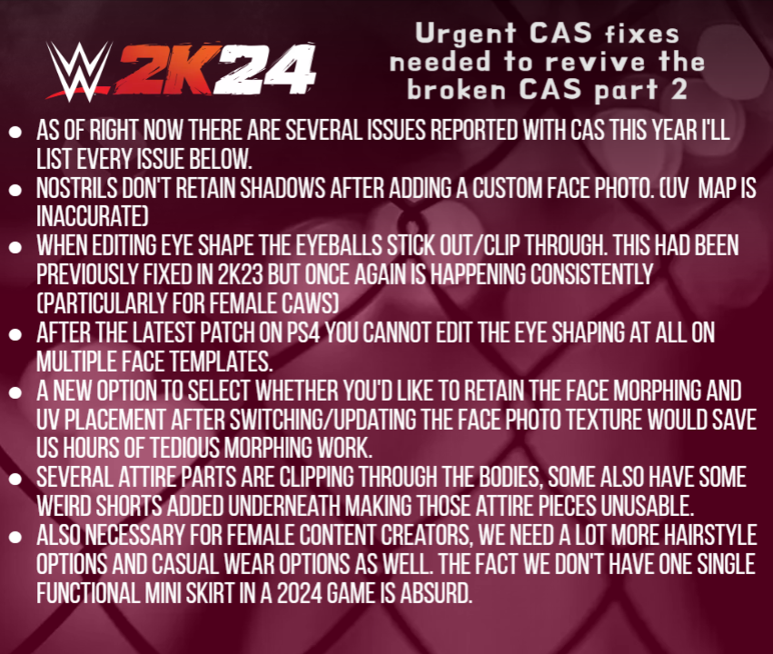 L2kgames's tweet photo. Here's my proposal. I doubt @wwegames @vc_novato @CornellGunter_ will do anything with this but I figured I'd give it one last shot. Until they fix the creation suite and add something making it worth investing time in again ,I will not touch the game again. #FixCAS https://t.co/sktyHOVEMq