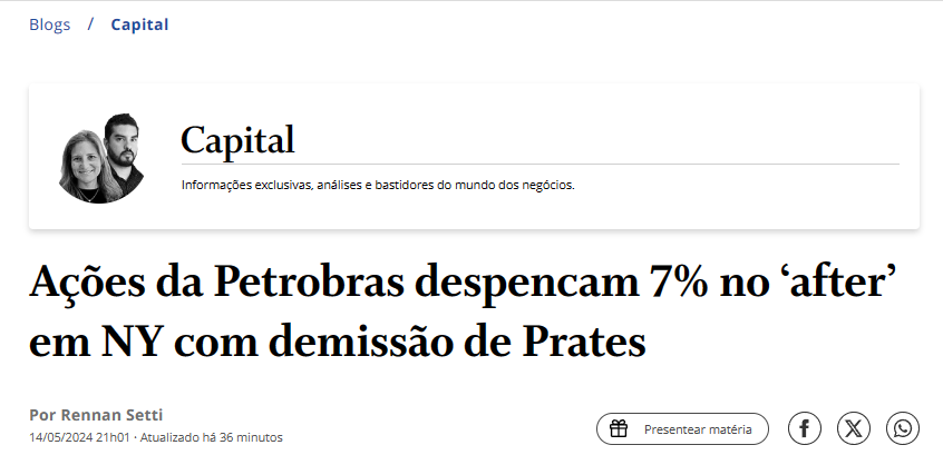 🚨AFTER EM DECADÊNCIA - Com a notícia, os recibos de ações da Petrobras (ADRs) negociados na Bolsa de Nova York chegaram a recuar quase 8% em negociações após o fechamento do pregão, o chamado “after-hours”. Às 21h, o papel recuava 7%, a US$ 15,52. - No pregão regular, fechado