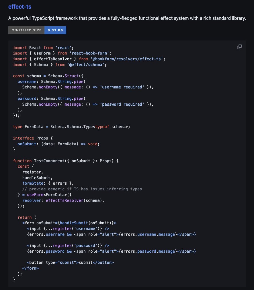 HookForm's tweet image. 👀hookform/resolver v3.4.0 published with Effect-TS schema support @EffectTS_