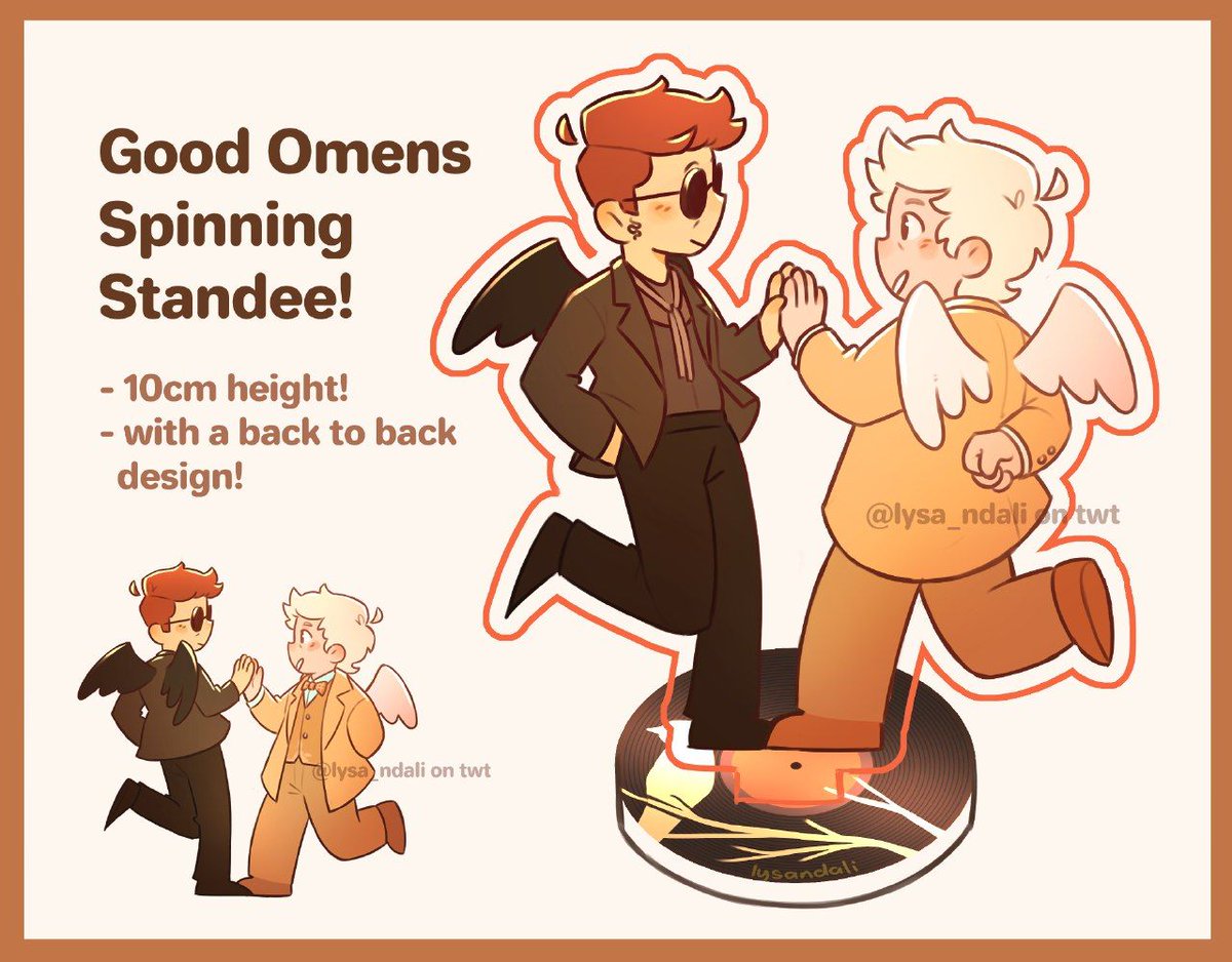 Good Omens spinning standee! You get to see aziracrow dancing like there's nightingales about :D Will be selling these at komiket pride! Poll below for price interest check ^^