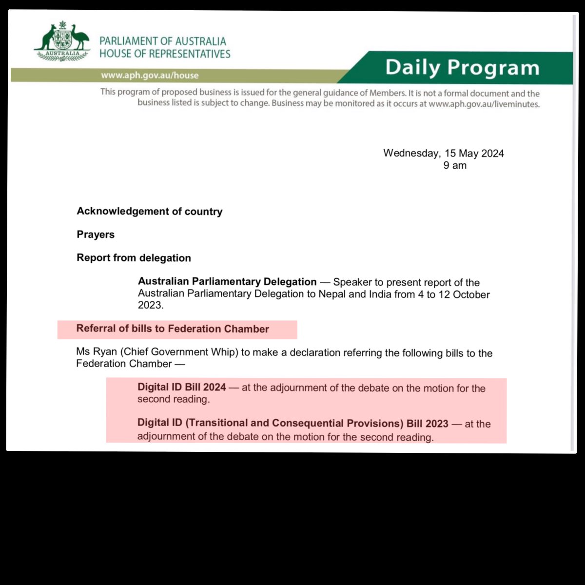 Update on Digital ID Bill After guillotining debate in the Senate, Albanese has now sneakily transferred debate on the Bill to the Federation Chamber. The Federation Chamber is a smaller secondary room, that is used in addition in the main House of Representatives. It is