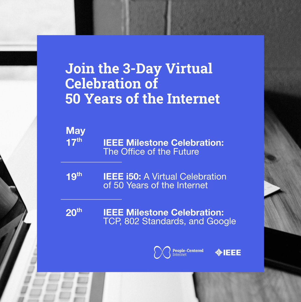 People-Centered Internet (@pci_initiative) on Twitter photo Join us for a 3-day virtual celebration marking 50 Years of the Internet together with <a href="/IEEEorg/">IEEE</a>! 🌐 Here's the schedule:
Don't miss out on these insightful events! For more information, please visit peoplecentered.net/50th-anniversa…
#IEEE #IEEEMilestone #IEEEi50 #Peoplecenteredinternet Join us for a 3-day virtual celebration marking 50 Years of the Internet together with <a href="/IEEEorg/">IEEE</a>! 🌐 Here's the schedule:
Don't miss out on these insightful events! For more information, please visit peoplecentered.net/50th-anniversa…
#IEEE #IEEEMilestone #IEEEi50 #Peoplecenteredinternet