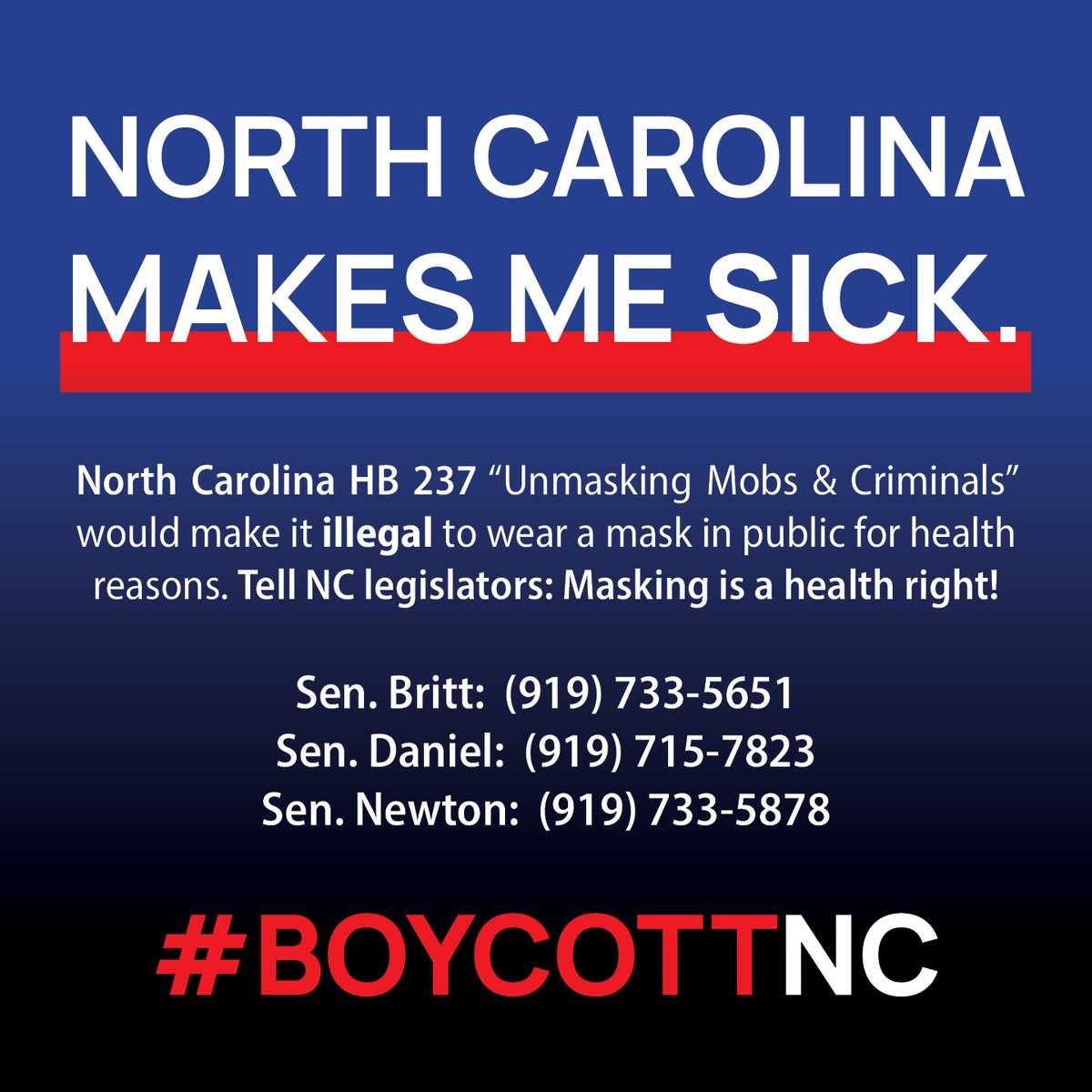 petition to sign below! 😷🥰⤵️ here in California, wearing a mask to protect & defend my health in public (and on the job) is a legal right. tell #NorthCarolina we expect no less! #BoycottNC