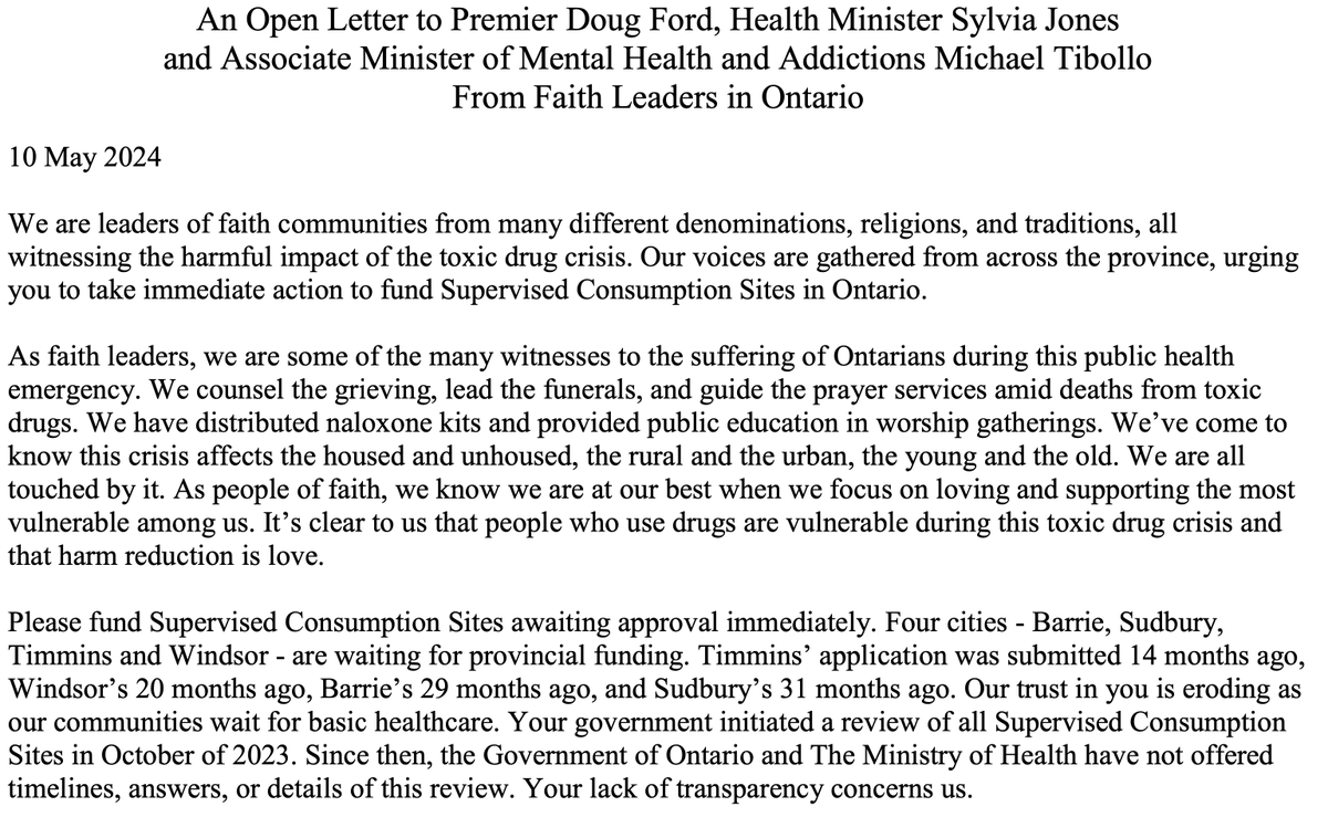 Ontario's faith leaders encourage their peers to sign a letter urging #ONgov to cease blocking supervised consumption services #SCS #CTS: 'we need you to act like it is a public health emergency.' More at: faithsupport4scs.ca