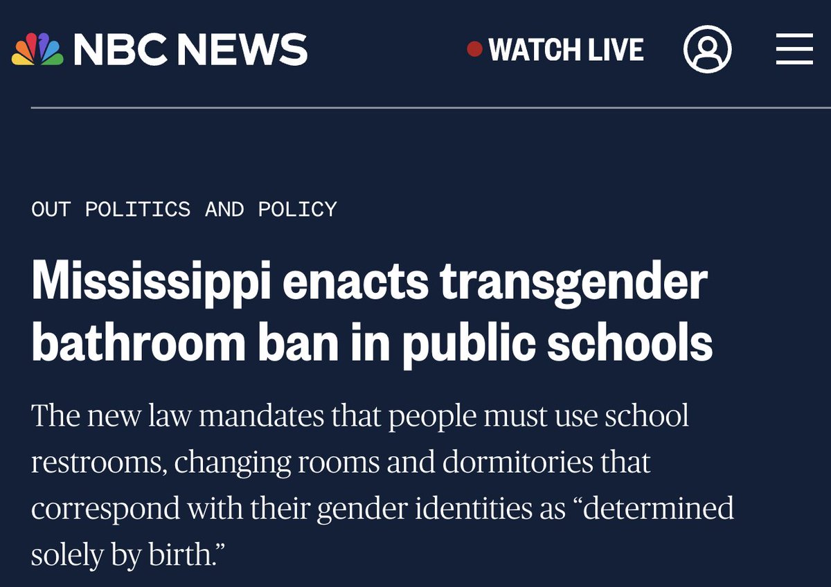 🚨BREAKING: Mississippi has banned trans identified students from opposite sex bathrooms in public schools! The Safer Act, which stands for Securing Areas for Females Effectively and Responsibly, requires public schools, colleges, universities and public housing to adhere to a