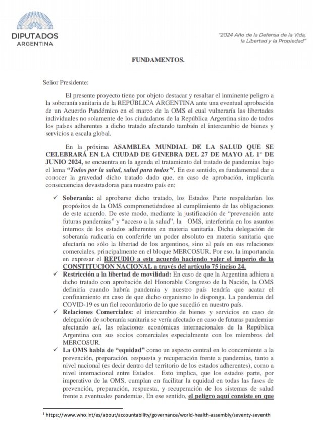 Recién se acaba de presentar en Diputados el Proyecto de Declaración para que Argentina rechace el Tratado de Pandemias que se llevará a cabo el día 27/5 en Ginebra y cuya firma implicaría la delegación de la soberania sanitaria de nuestro país a la OMS. 

#NoAlTratadoDePandemias