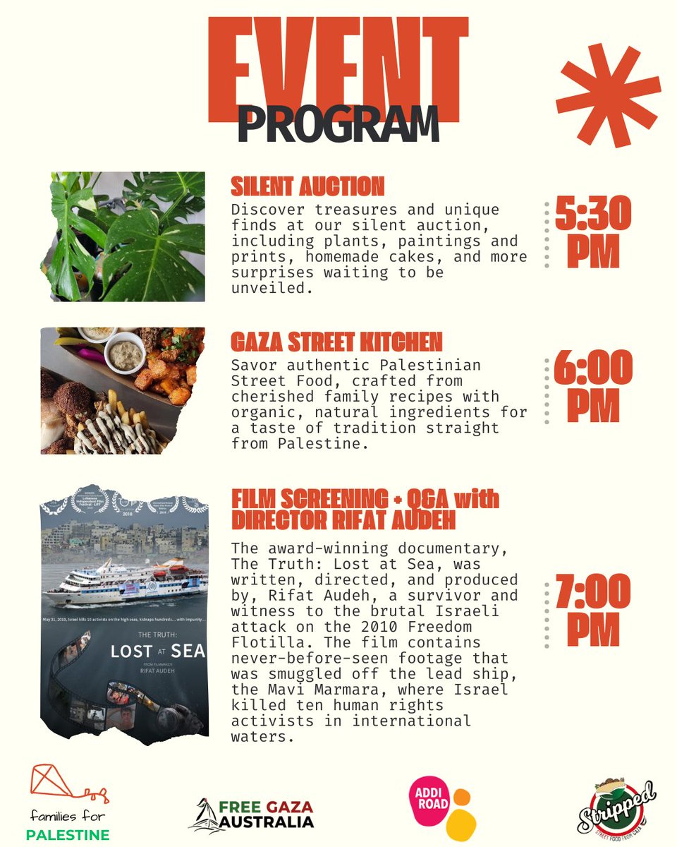 Join us for our fundraiser on June 22 at <a href="/addi_road/">Addison Road Community Organisation</a>! Israel have sabotaged the <a href="/GFFAusGroup/">Free Gaza Australia</a> so we're helping them raise funds to go back bigger &amp; better! Enjoy Palestinian food, a silent auction, plus a documentary screening + Q&amp;A w director. Tickets here: events.humanitix.com/the-truth-lost…
