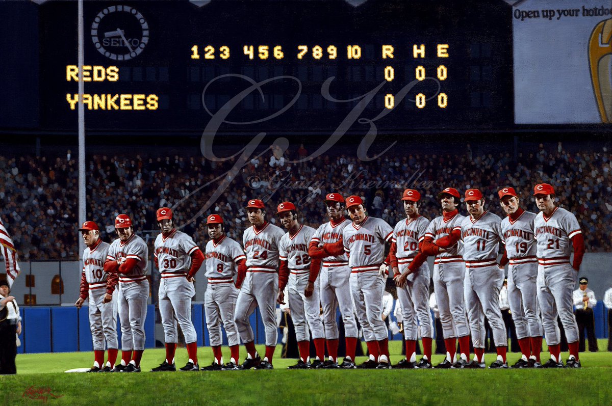 Happy 82nd birthday to the great Tony Pérez! One of the most beloved Reds of all time, he drove in run after run after run. Here’s my painting of him with the Big Red Machine, ready to finish up the sweep against the Yankees in the ‘76 World Series.