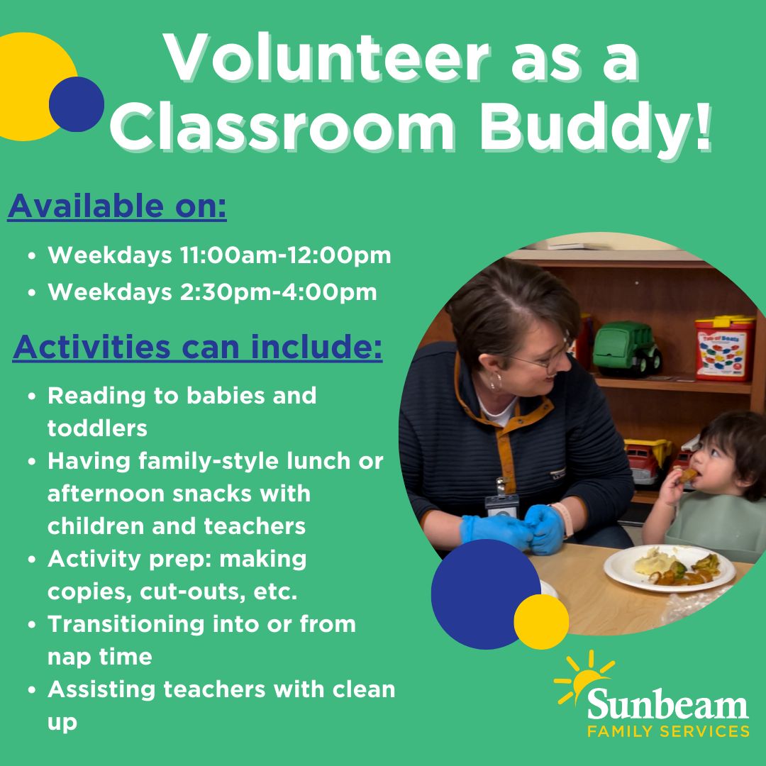 Spend your morning or afternoon volunteering at one of our Early Education Centers! Classroom Buddies support an enriching early learning environment through reading to children, participating in STEAM activities, and more. Sign up at buff.ly/48zuW0Y