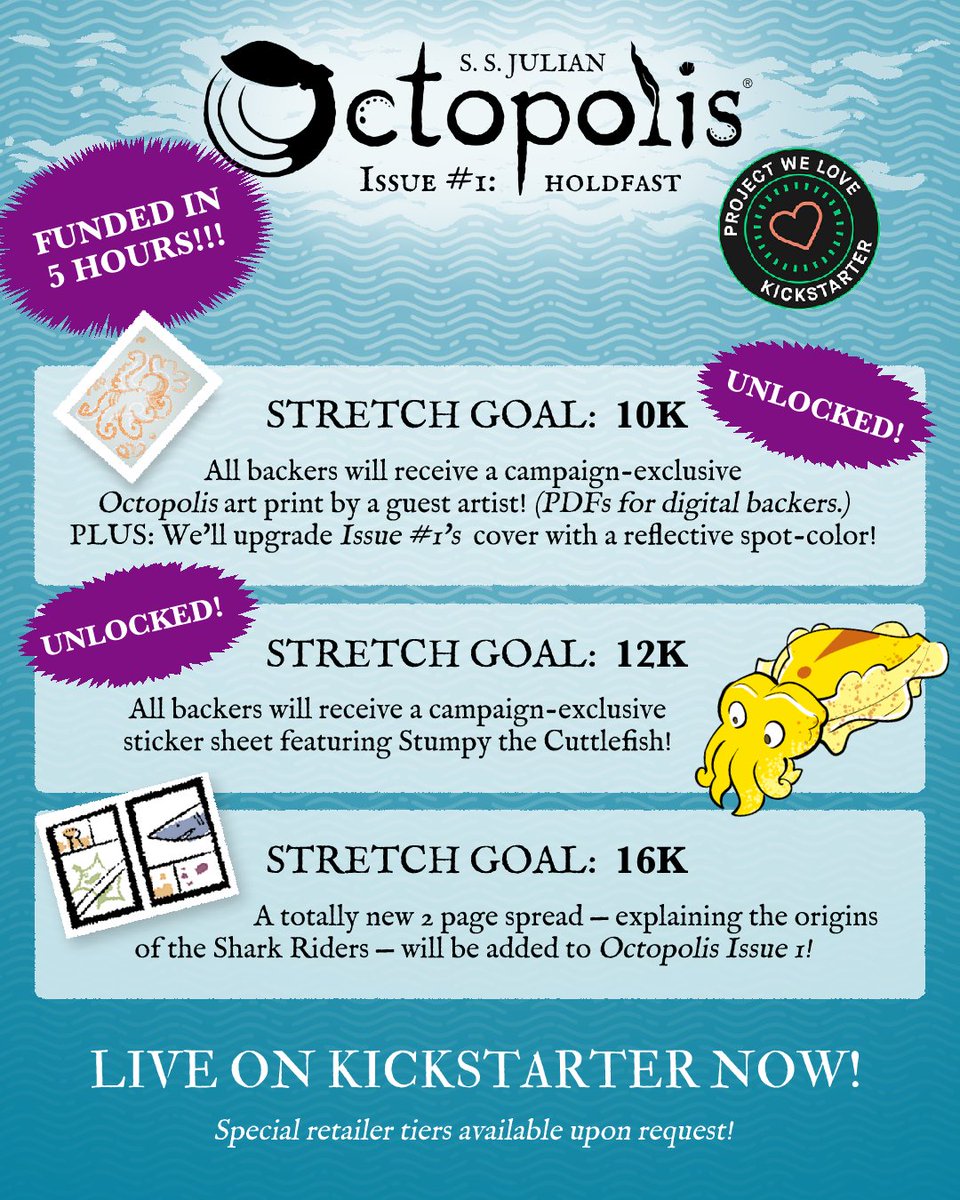 Somehow Octopolis exceeded TWO stretch goals in ONE day! All physical backers will now receive a sticker sheet featuring multifaceted talent Stumpy the Cuttlefish!  Please keep sharing the Kickstarter! I want to come up with more stretch goals!
#kickstartercomics #octopus
