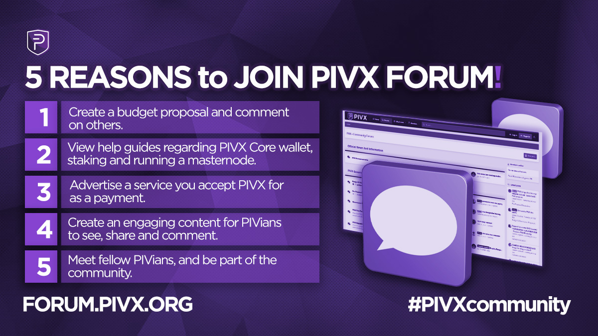 5 Reasons to Join #PIVX Forum. 1) Submit and/or vote on proposals. 2) View help guides. 3) Do you accept PIVX? Let's promote it. 4) Have an idea? Share it. 5) Meet the community. 🤝 Forum.PIVX.org #CommunityResources #Crypto #Vote
