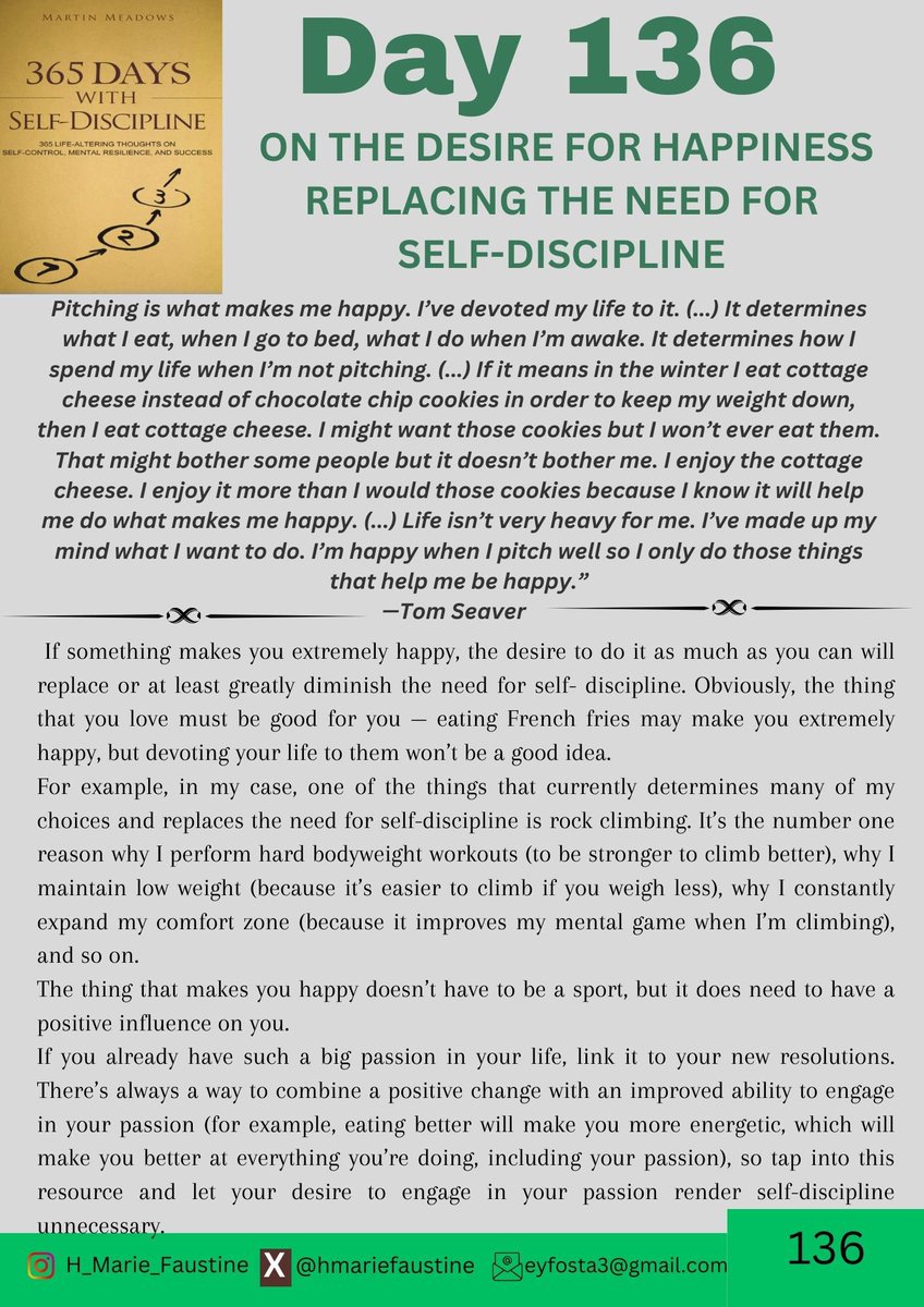 Day 136: On the Desire for Happiness Replacing the Need for Self- Discipline

Pitching is what makes me happy. I’ve devoted my life to it. (...) It determines what I eat, when I go to bed, what I do when I’m awake…
#2024Readingchallenge 
#StarAcademy
@SchoolReading 
#vakances