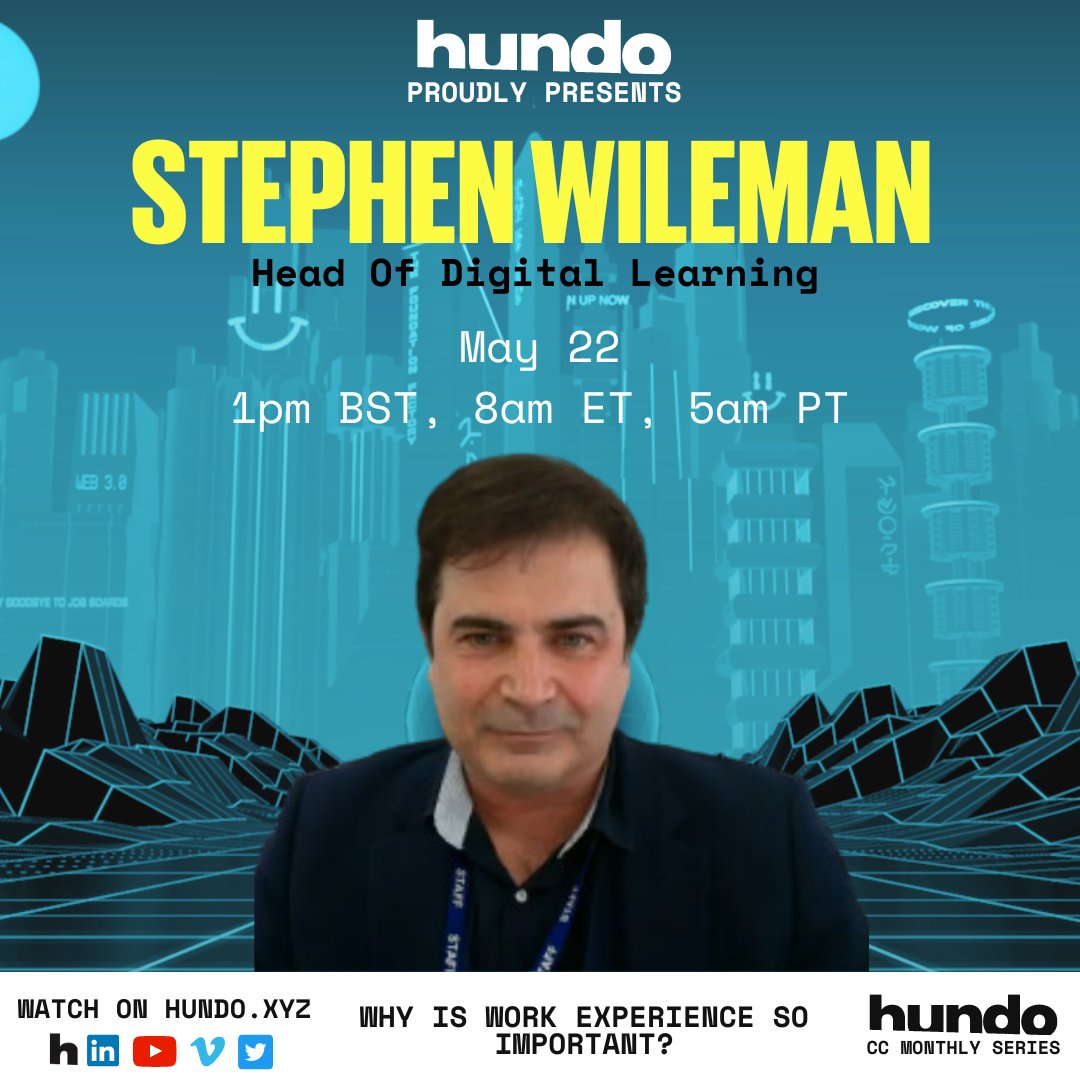 Educators, join Stephen Wileman from @southstaffs at hundo's CareerCon to tackle #workexperience challenges for teachers and empower #students for the future 🥳 📅 May 22 🕒 1pm BST📍hundo.xyz/live Sign up for free - hundo.xyz/live #educators