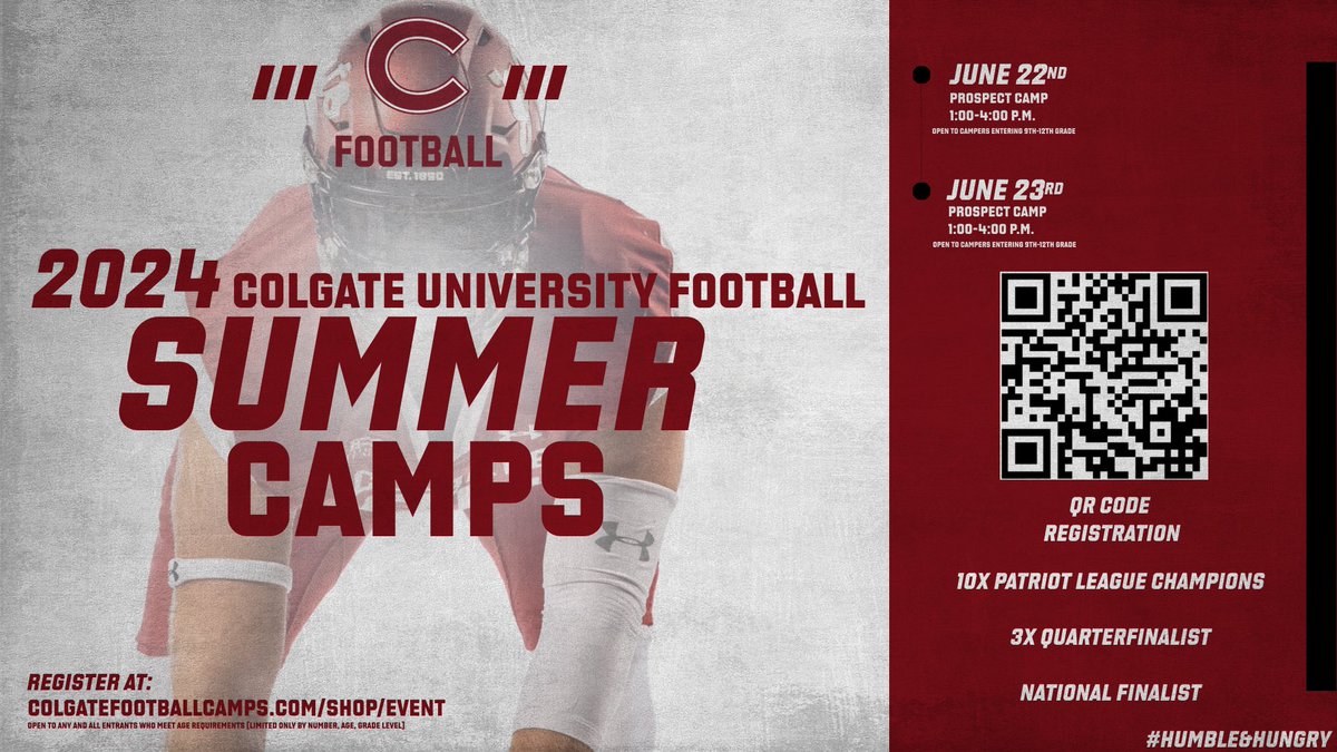 Best way to get in front of the @ColgateFB staff and be evaluated ⁉️ COME CAMP IN HAMILTON, NY 📍 Individual period with your future position coach ✅ Competing for a scholarship ✅ 🗓️ June 22nd or 23rd ⏰ 1pm - 4pm 📍 Hamilton, NY #GoGate 🔴⚪️⚔️