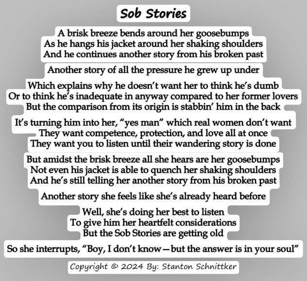 Sob Stories
Daily Post #667

-

#sobstories #stories #story #art #artist #writer #writing #poetry #poet #poets #poems #poem #fyp #fypシ゚ #fypシ゚viral #foryou #foryoupage #foryourpage #comparison #love #author #women #PoemADay #PoetryActivism #poetrylover #PoetryCommunity